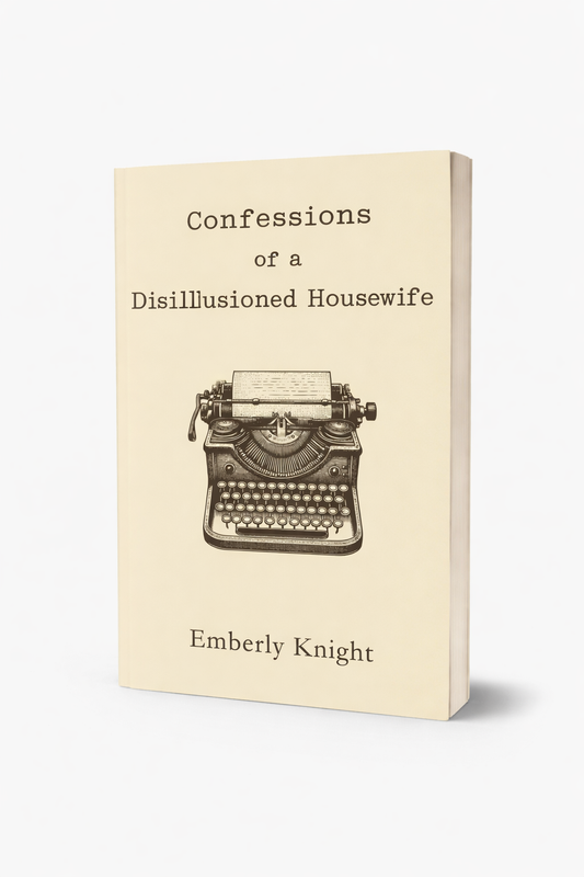 Paperback book mockup of Confessions of a Disillusioned Housewife by Emberly Knight, featuring a vintage typewriter illustration on a cream-colored cover. Book cover of 'Confessions of a Disillusioned Housewife' by Emberly Knight with an illustration of a typewriter on a beige background.