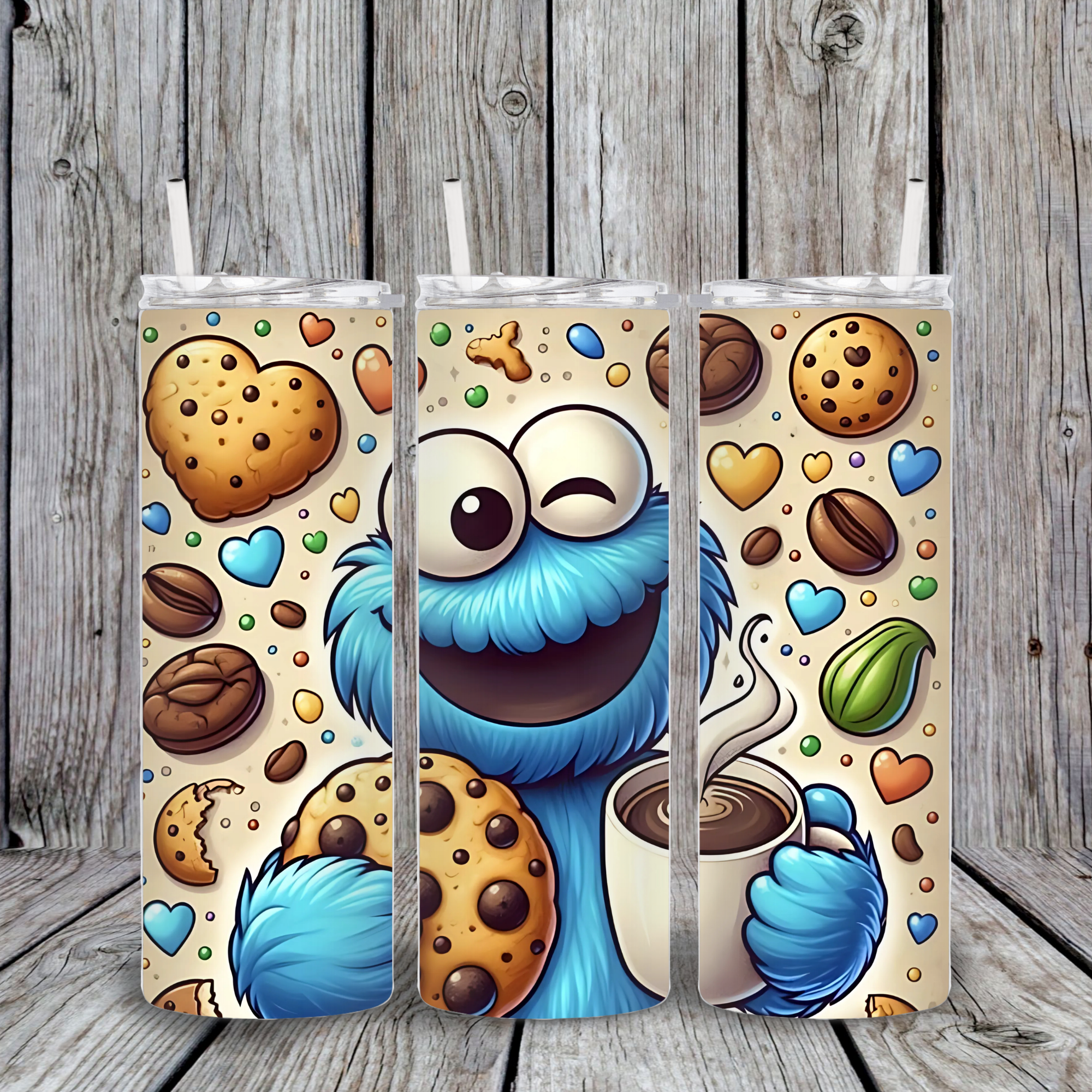 20oz stainless steel tumbler featuring Cookie Monster inspired character holding coffee, surrounded by cookies, hearts, and coffee beans.