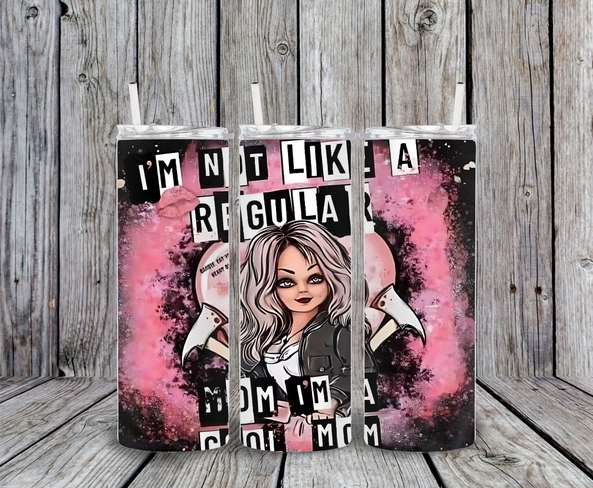 Edgy mom tumbler with pink grunge background, bold lettering, and the funny phrase “I’m not like a regular mom, I’m a cool mom.”