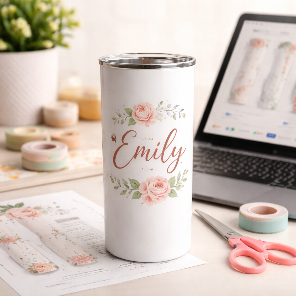 White tumbler with floral design and 'Emily' text on a desk with laptop and stationery.