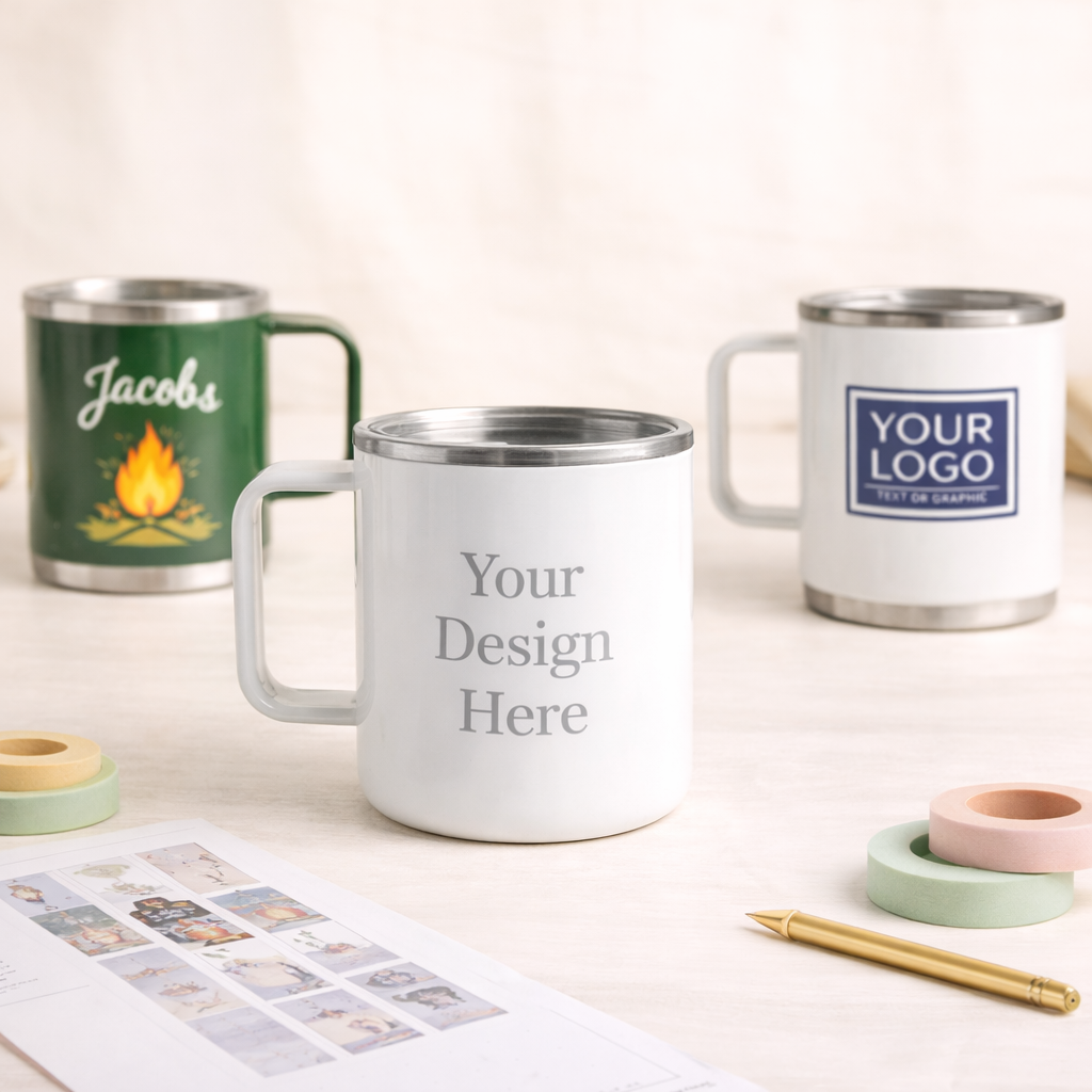 Three customizable mugs on a table with design options and stationery items.
