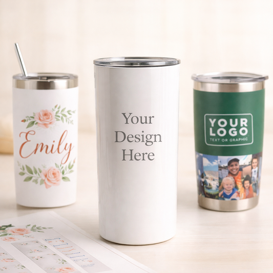 Three customizable tumblers with floral design, text placeholder, and photo collage.