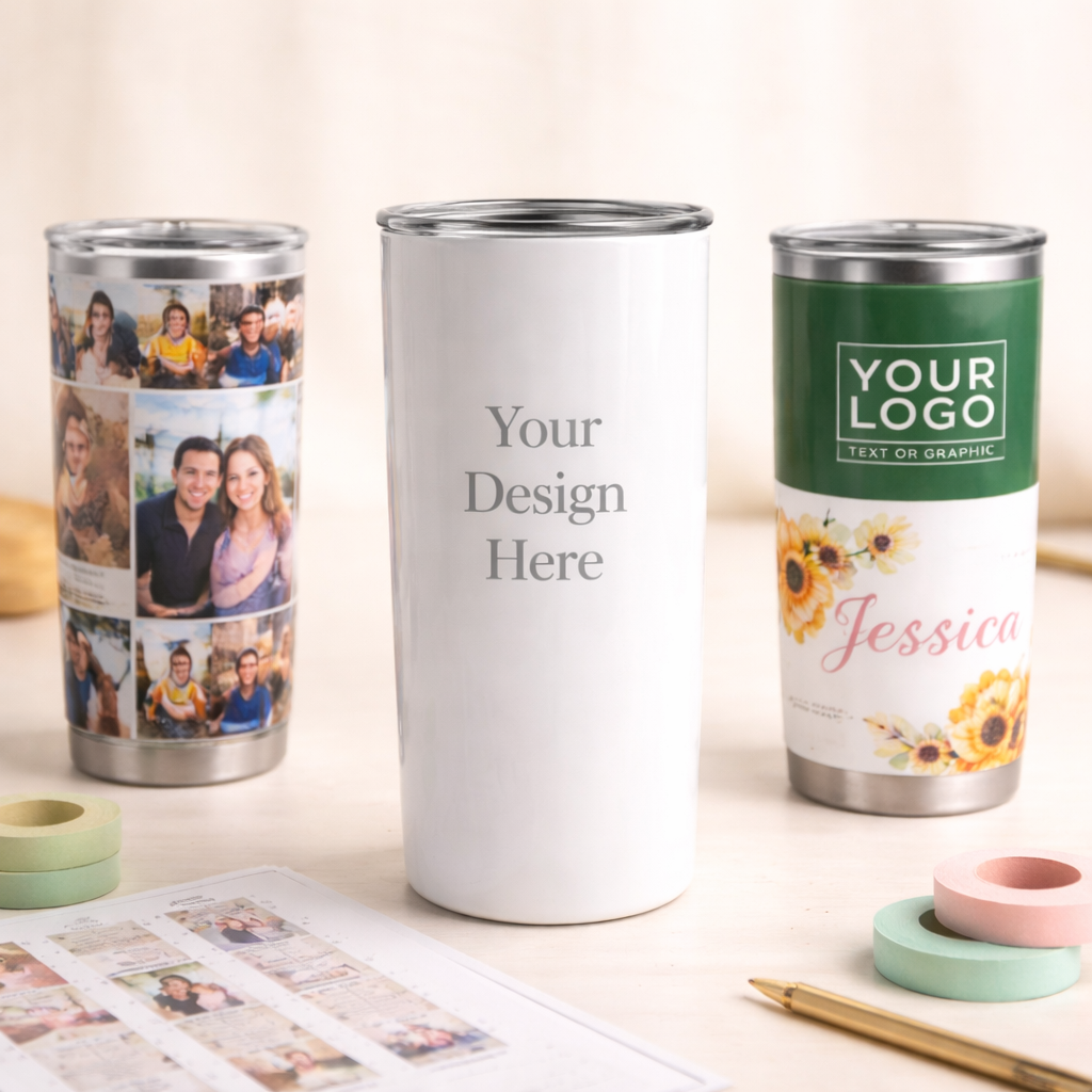 Three customizable tumblers with different designs on a light surface.
