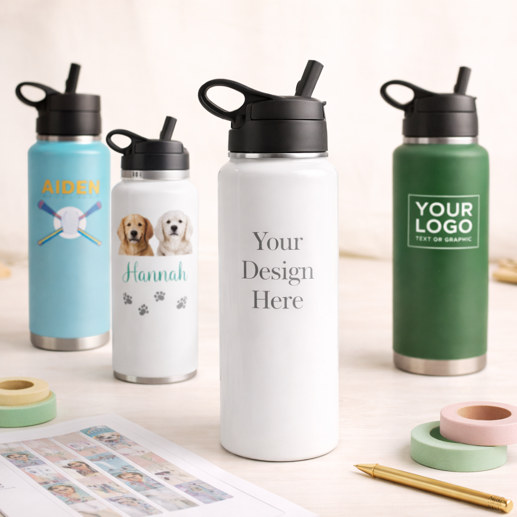 Four customizable water bottles with different designs on a light surface.