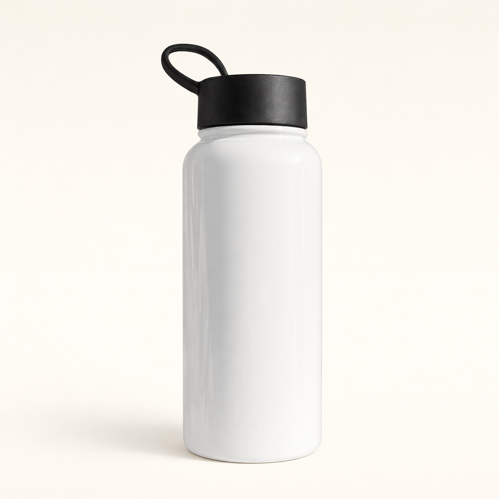White water bottle with a black lid on a white background
