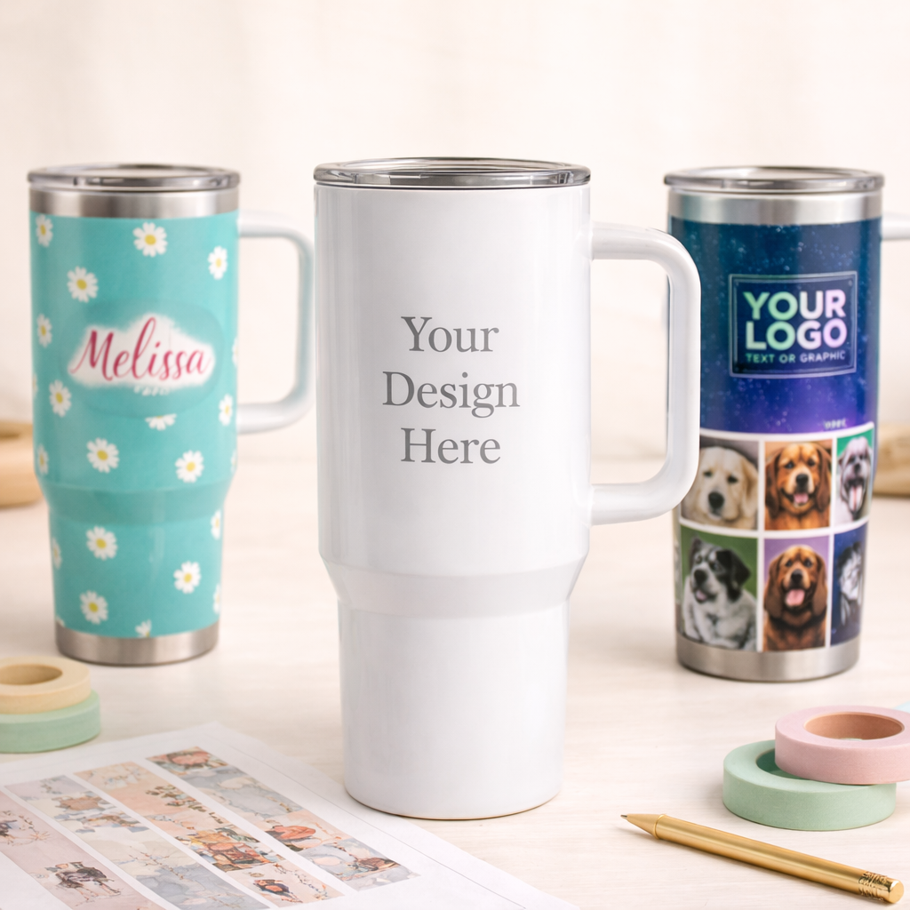 Three customizable travel mugs with different designs on a light surface.
