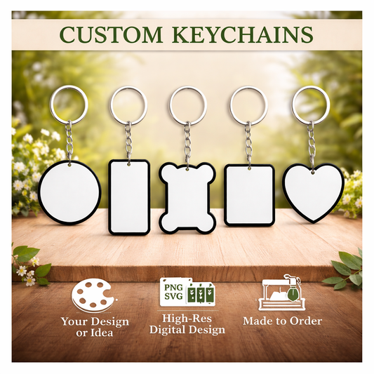 Set of customizable keychains with various shapes on a wooden surface with a natural background.