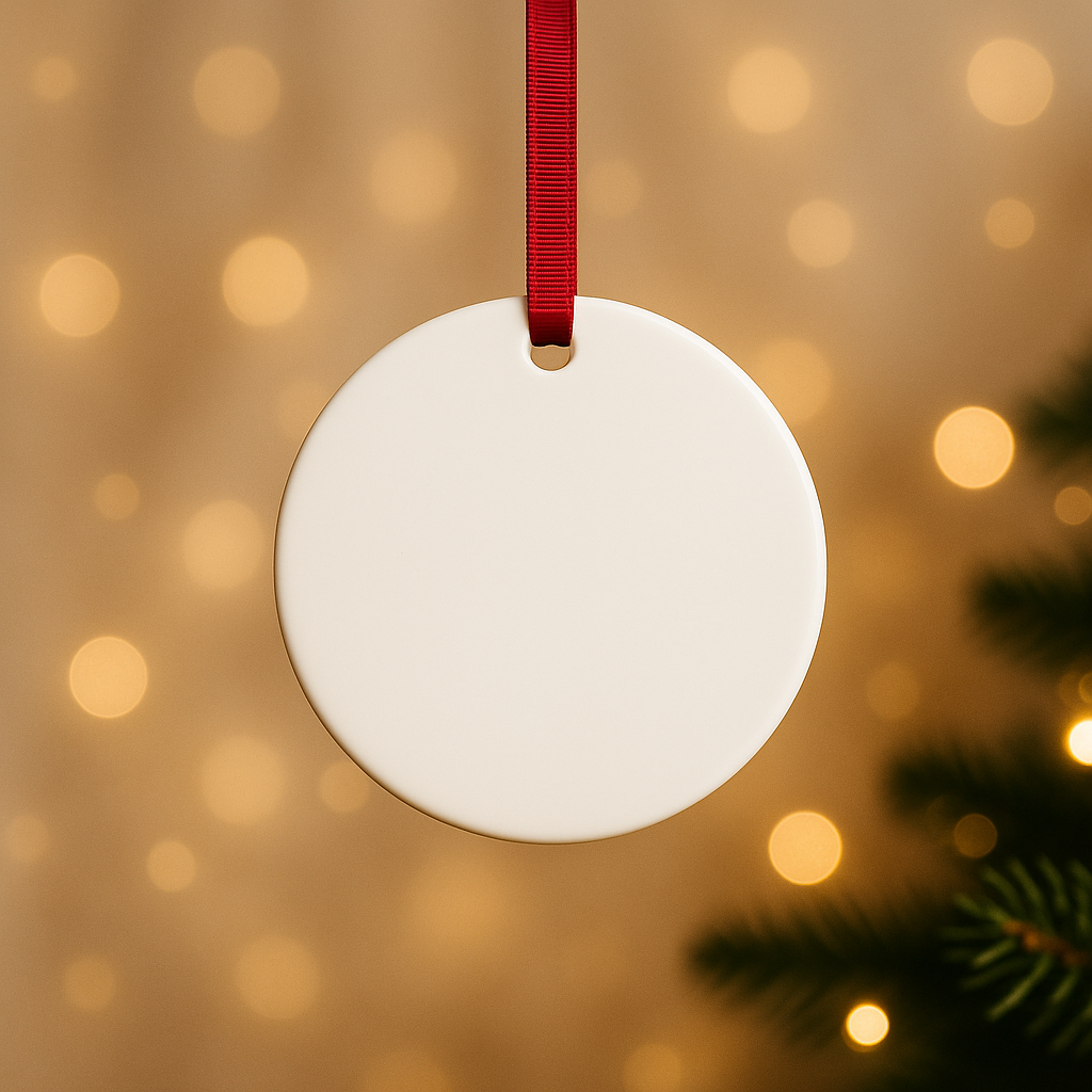 White round ornament with a red ribbon on a blurred golden lights background