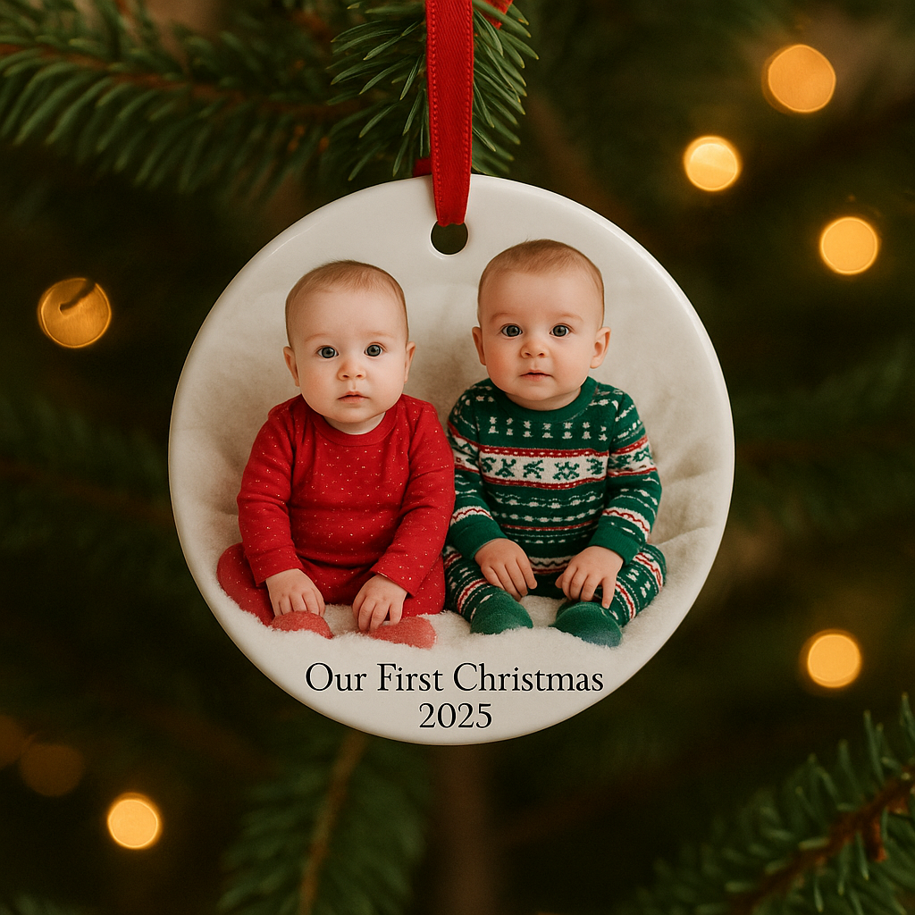 Christmas ornament with two babies and 'Our First Christmas 2025' text, hanging on a tree.