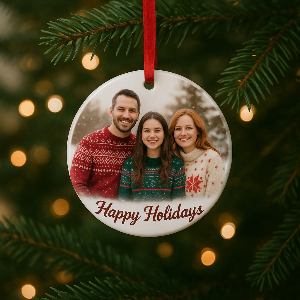Round Christmas ornament with a family photo and 'Happy Holidays' text, hanging on a tree branch.