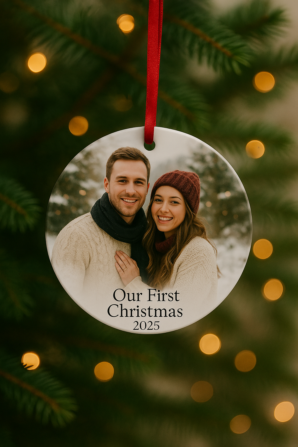 Personalized Christmas ornament with a couple's photo and 'Our First Christmas 2025' text, hanging on a tree.