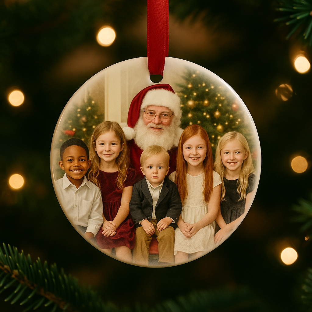 Round Christmas ornament with Santa and children on a tree branch with lights.