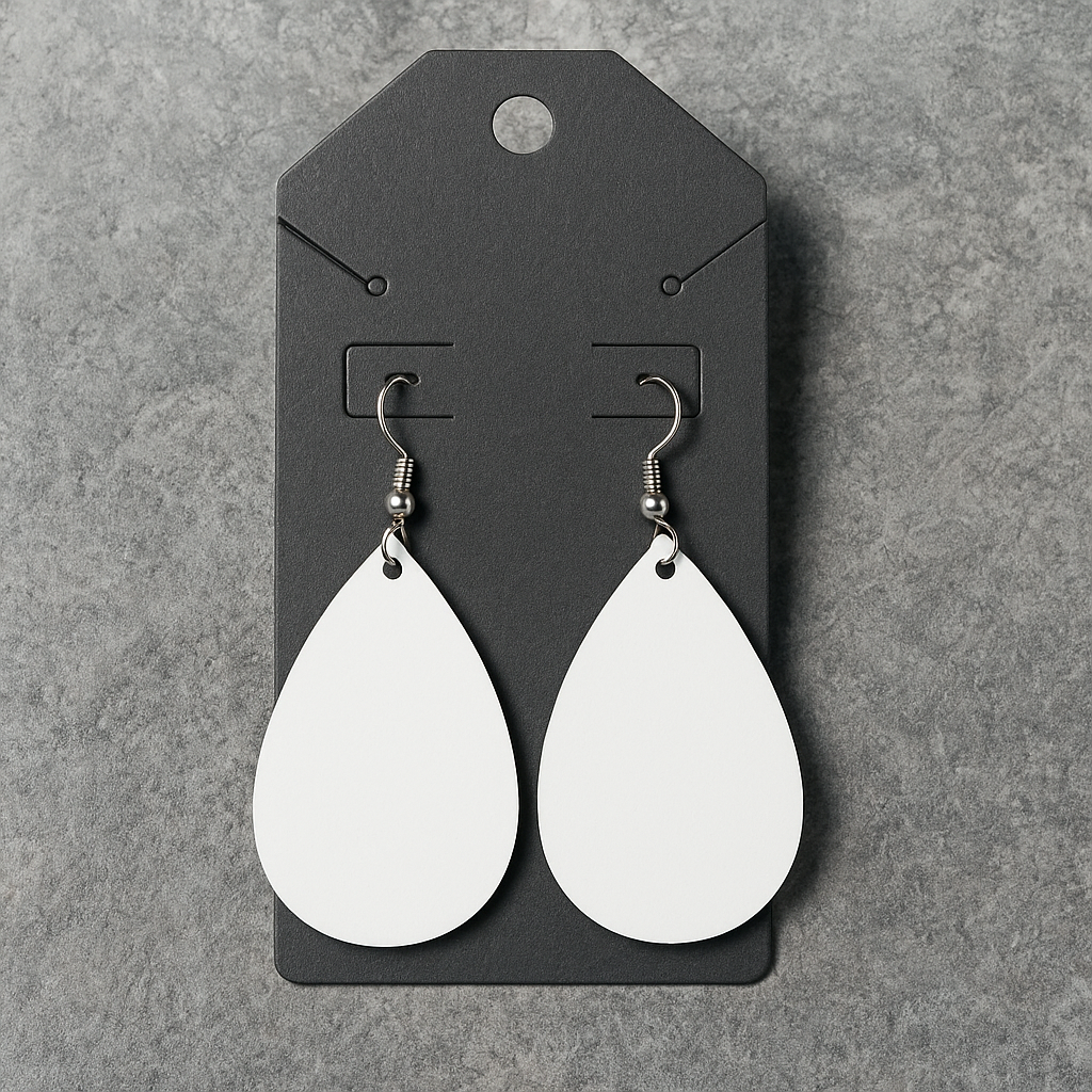 White teardrop earrings on a black card against a gray background