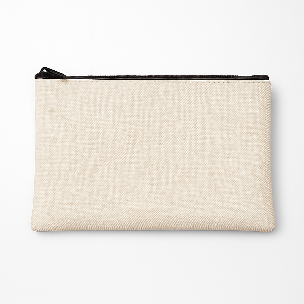 Beige pouch with a black zipper on a white background. Customized and personalizable Christmas Holiday gift under $25! 