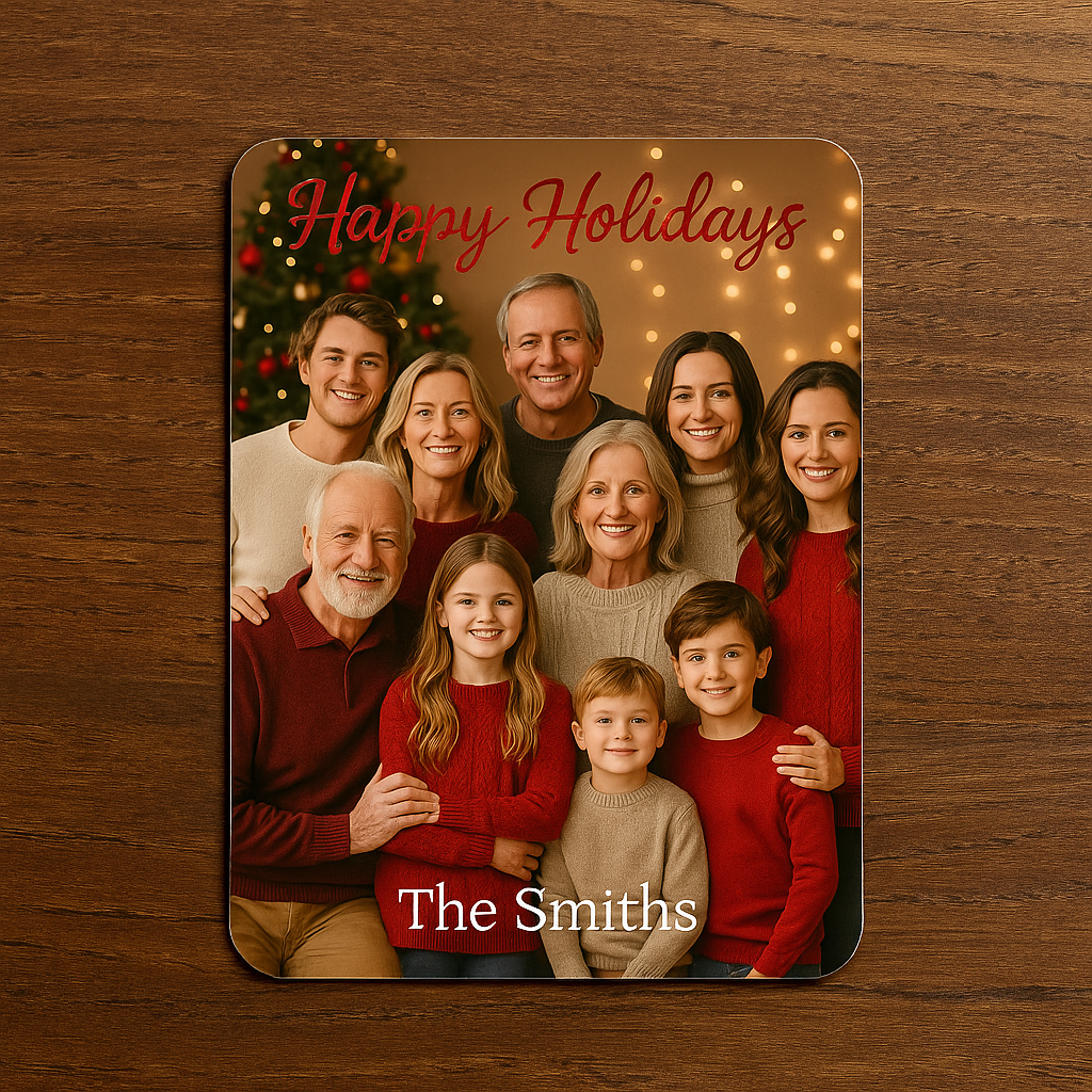 Family photo with 'Happy Holidays' text on a wooden surface