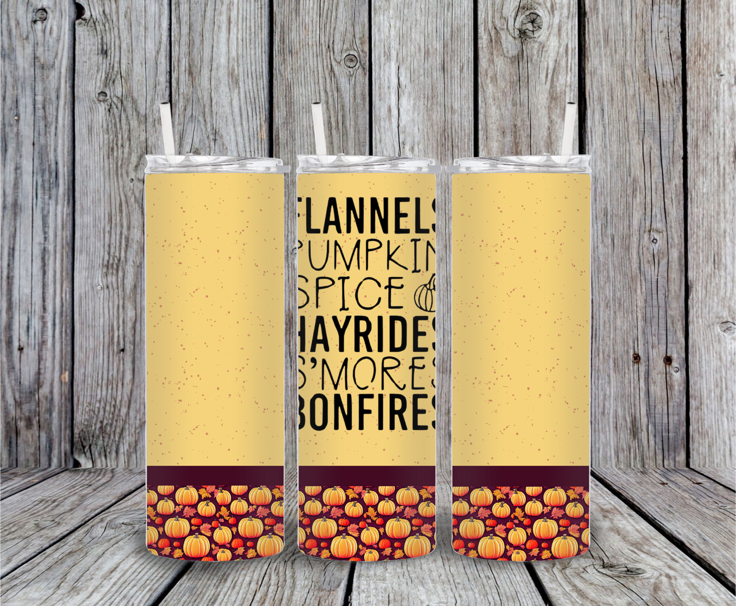 Warm plaid tumbler with “Flannels. Pumpkin Spice. Hayrides. S’mores. Bonfires.” — cozy fall exclusive from MIRootsCreations.