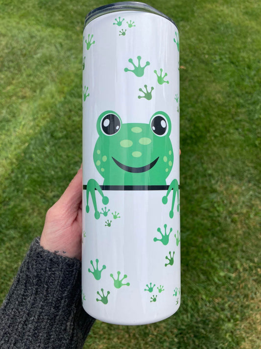 20oz tumbler featuring a smiling green frog with frog-print accents.