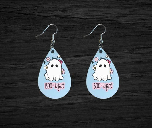 Teardrop shaped; Cute cartoon ghost with the phrase "Boo-tiful". (Halloween/Spooky Season earrings