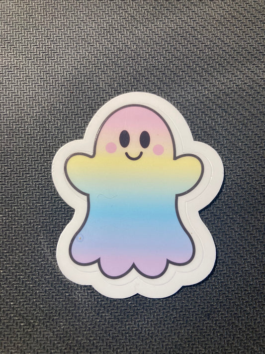 Smiling ghost Halloween sticker with a rainbow pastel gradient body and blushing cheeks.