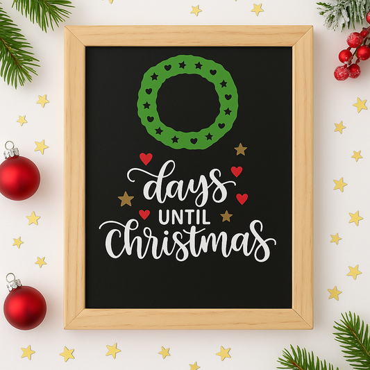 Christmas countdown sign with wreath and hearts on a black background, framed in wood.