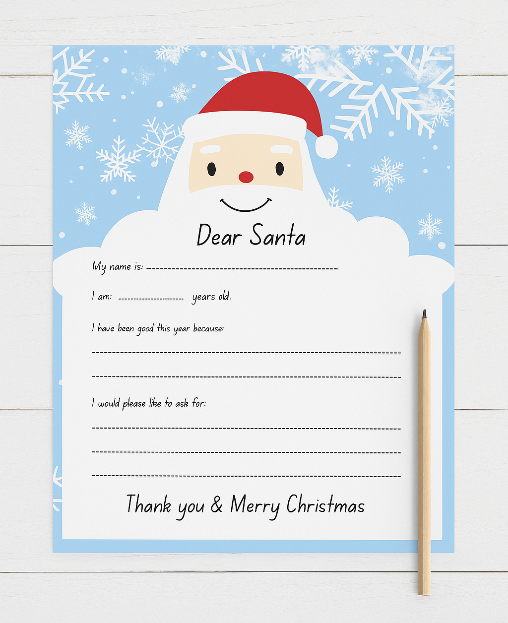 Letter to Santa template with a cartoon Santa face on a blue background