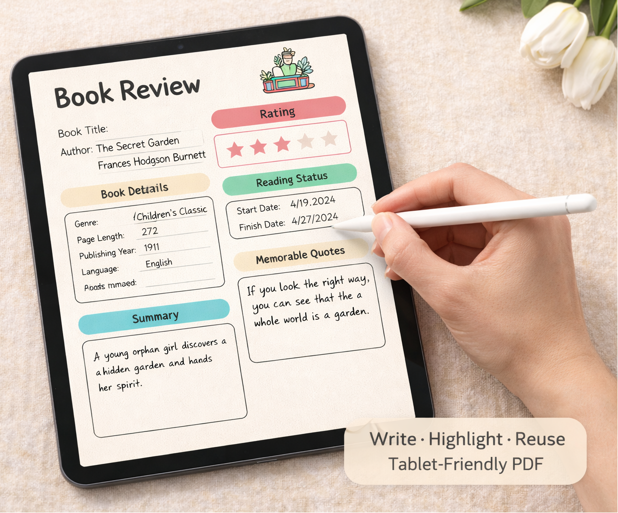 Tablet showing a book review page from a digital reading journal, with handwritten notes, star rating, and highlighted sections using a stylus.
