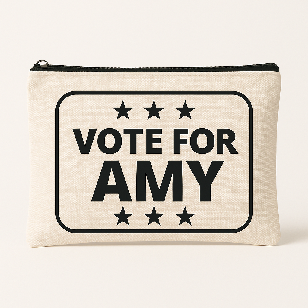 Beige pouch with 'Vote for Amy' text and star designs on a white background