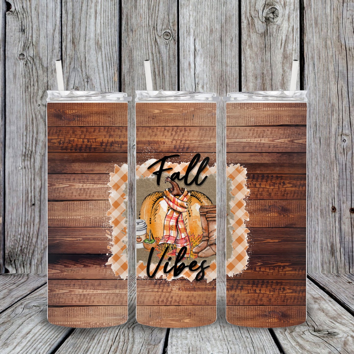 20 oz Fall Vibes Woodgrain Pumpkin Tumbler