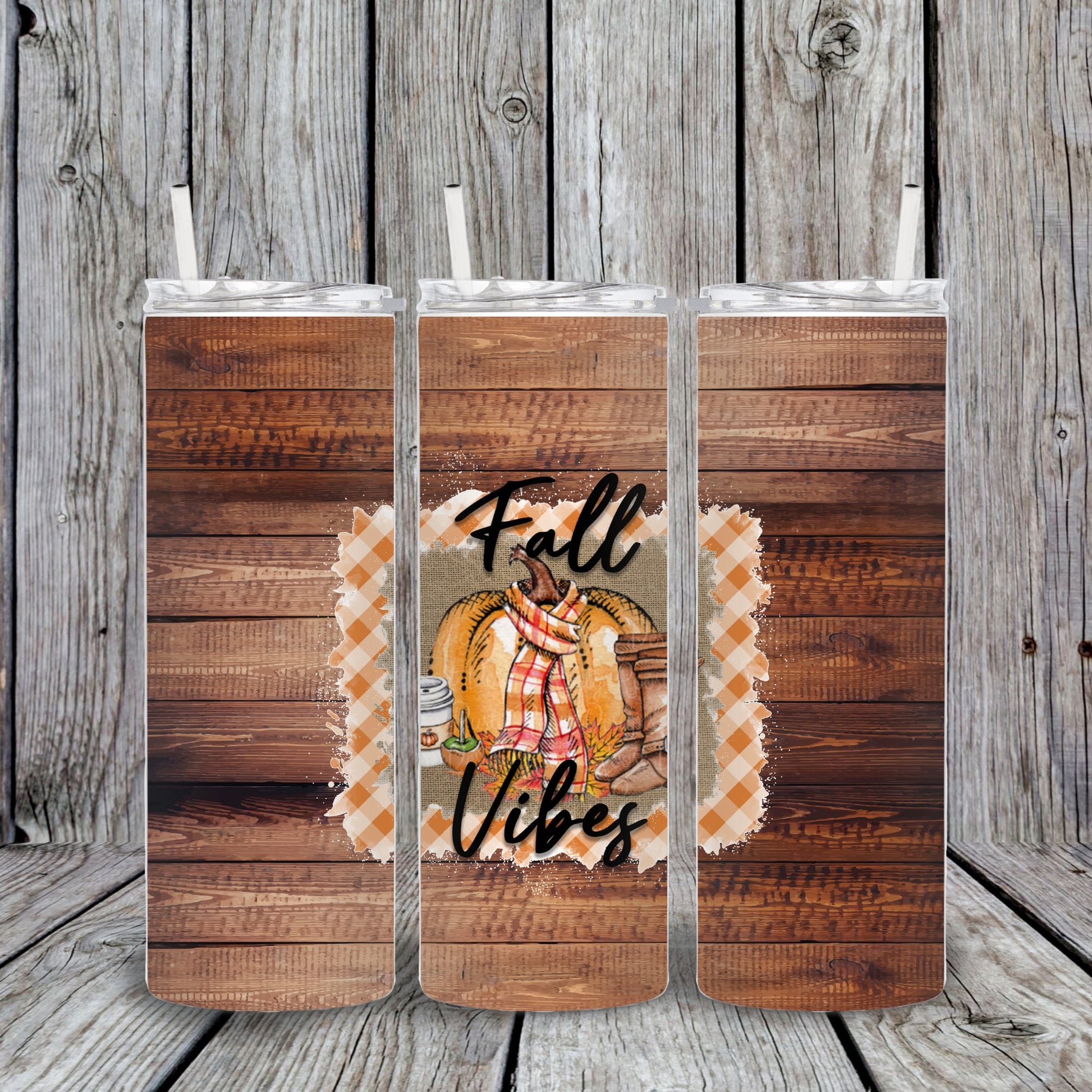 20 oz Fall Vibes Woodgrain Pumpkin Tumbler