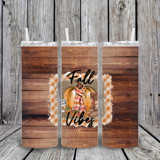 20 oz Fall Vibes Woodgrain Pumpkin Tumbler