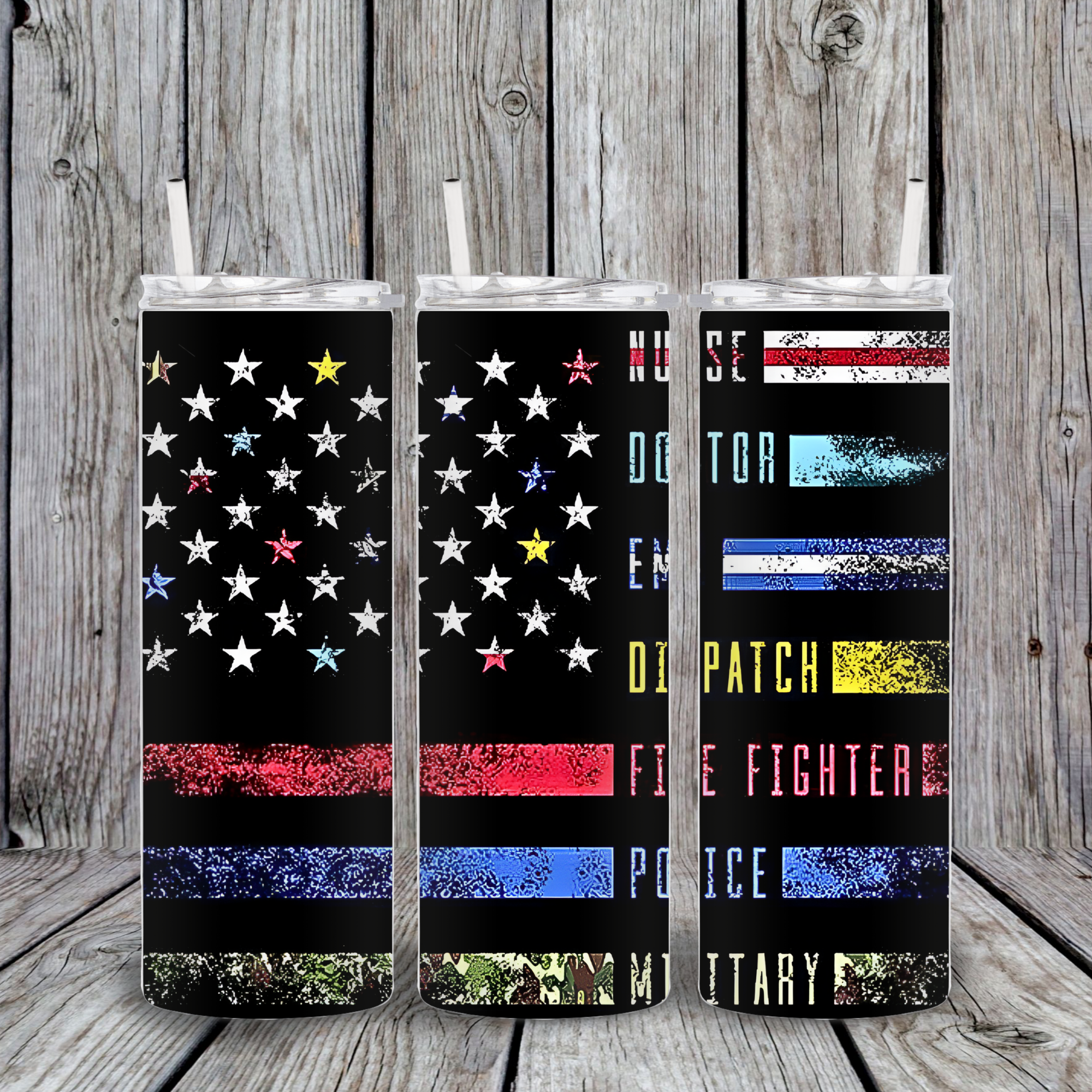 20oz stainless steel tumbler featuring distressed American flag with thin colored lines honoring nurse, doctor, EMT, dispatcher, firefighter, police, and military.