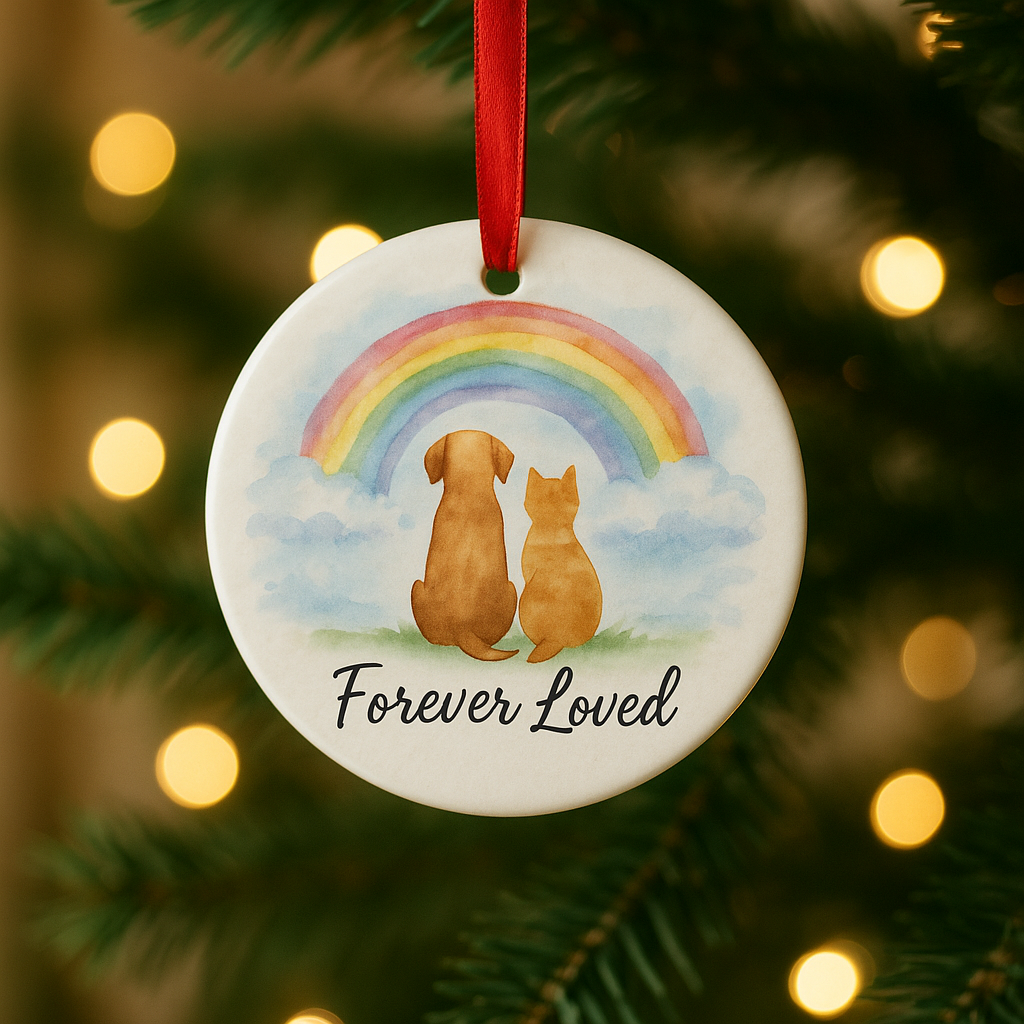 Round ceramic ornament featuring a watercolor dog and cat sitting beneath a rainbow with the text “Forever Loved.”