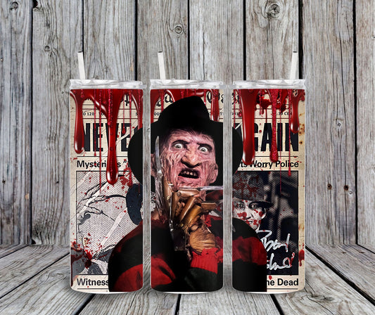 20 oz Freddy Krueger Bloody Newspaper Halloween tumbler
