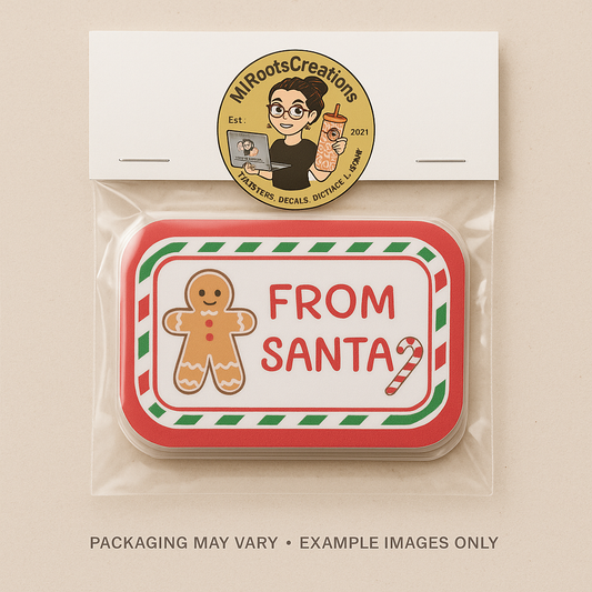 Packaged product with 'From Santa?' design and MiRootsCreations logo on a beige background
