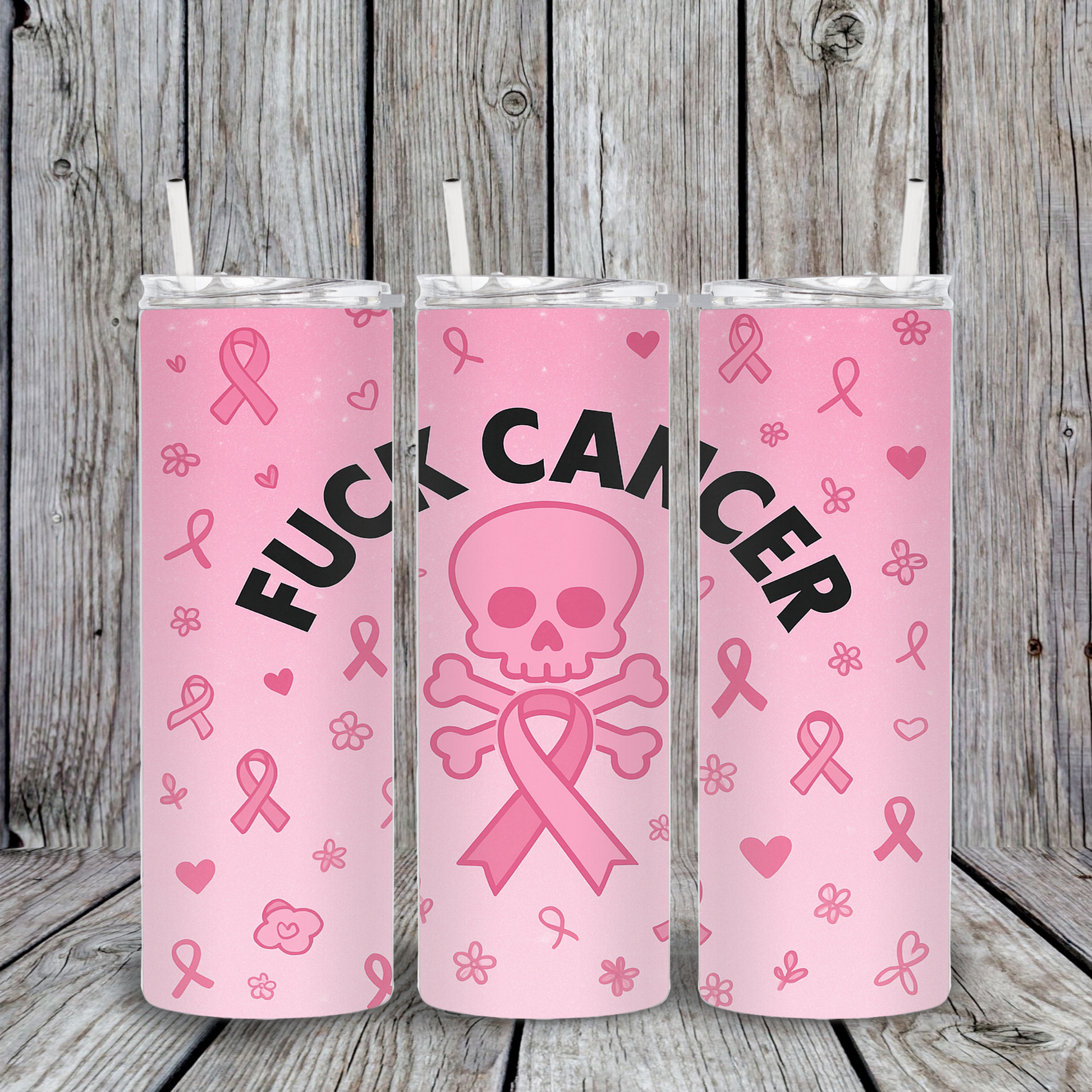 20oz stainless steel tumbler with edgy pink breast cancer ribbons and skull design, bold ‘Fuck Cancer’ statement, awareness support cup