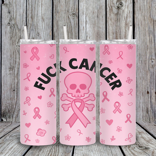 20oz stainless steel tumbler with edgy pink breast cancer ribbons and skull design, bold ‘Fuck Cancer’ statement, awareness support cup