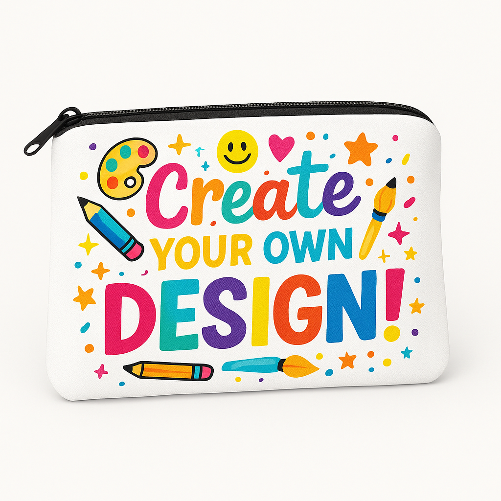 Pencil case with colorful text 'Create Your Own Design!' and artistic symbols on a white background