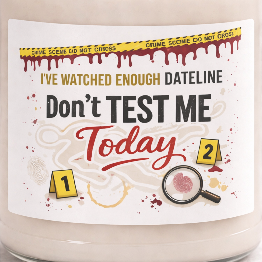 Candle with 'Don't Test Me Today' text and crime scene design on a white background
