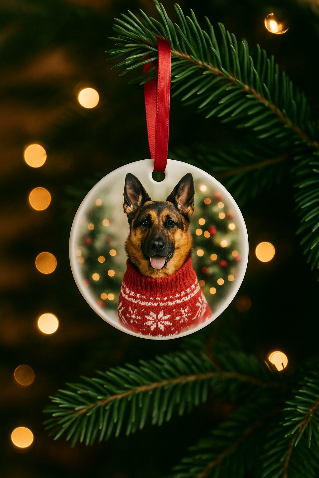 Dog ornament in a red sweater hanging on a Christmas tree with lights in the background. Ceramic ornament featuring a German Shepherd wearing a red Christmas sweater, in front of holiday lights.