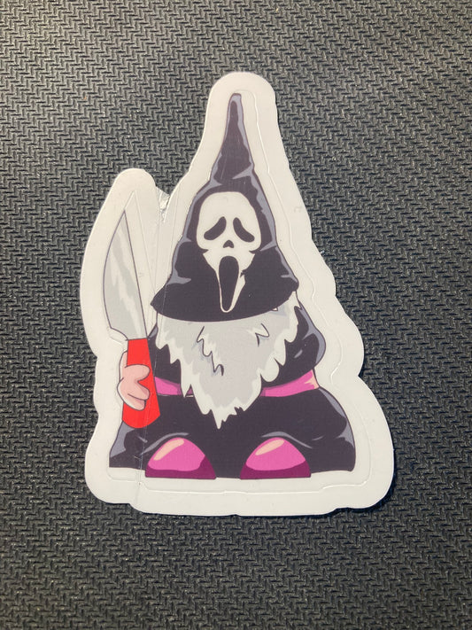 Halloween sticker of a gnome dressed as Ghostface with iconic mask and knife.