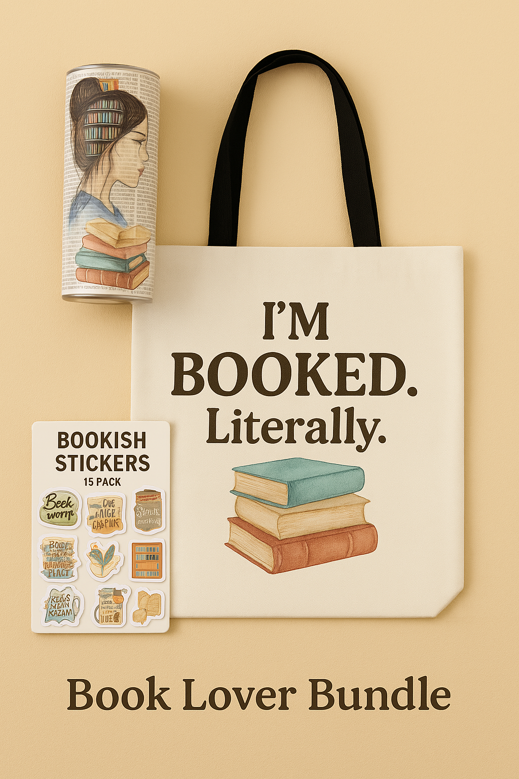 Book Lover Bundle with tote bag, stickers, and book illustration on beige background