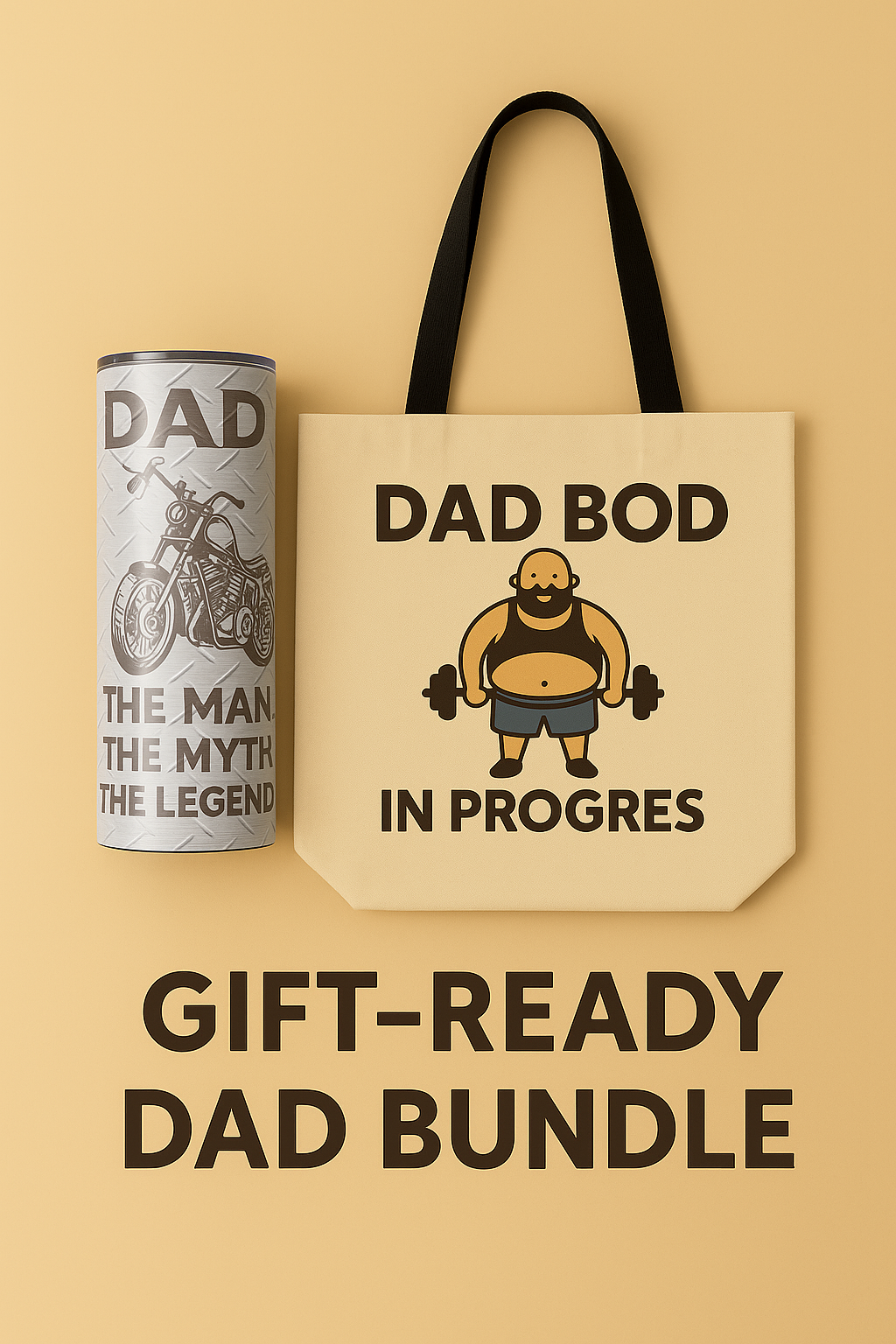 Gift-ready dad bundle with a can and tote bag on a beige background