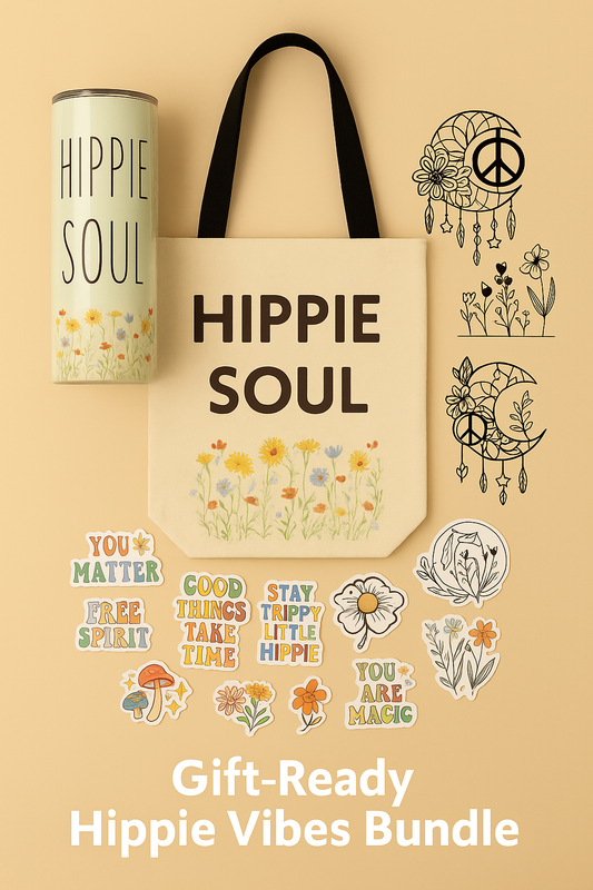 Hippie Soul tote bag, tumbler, and stickers on a beige background. “Gift-Ready Hippie Vibes Bundle displayed with Hippie Soul tote, boho tumblers, decals, and inspirational sticker pack on a neutral beige background.”