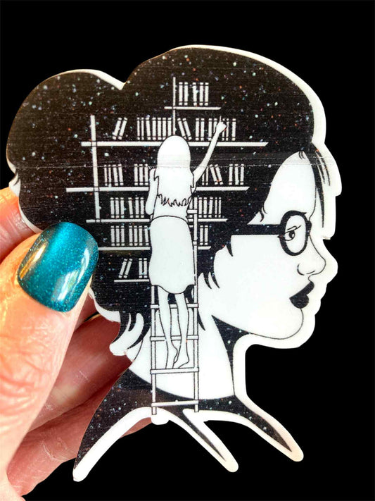 Waterproof Girl with Books on Her Mind (bookish/book lover) sticker