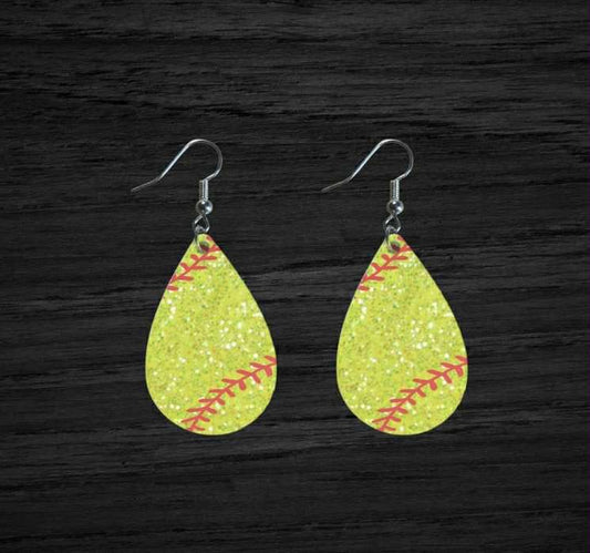Teardrop shaped; Glitter softball patterned earrings