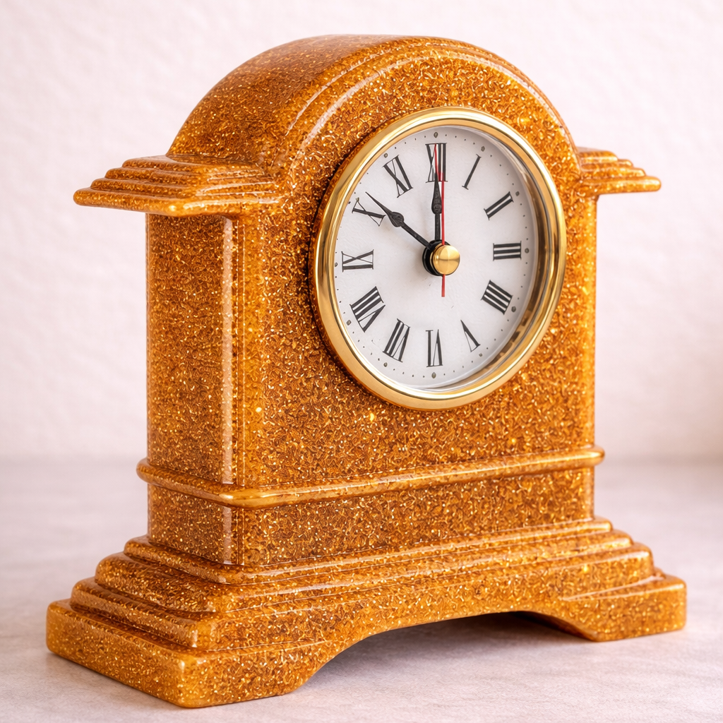 Decorative clock with a gold glittery finish on a light background