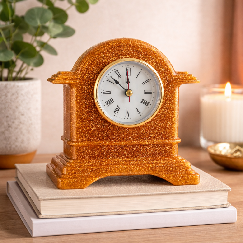 Decorative clock on books with a plant and candle in the background