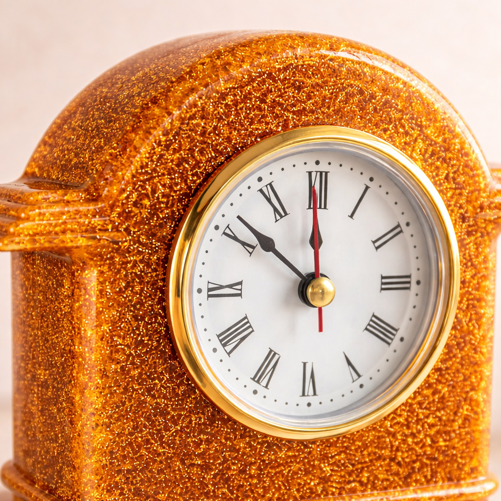 Decorative clock with gold casing and Roman numeral face on a light background