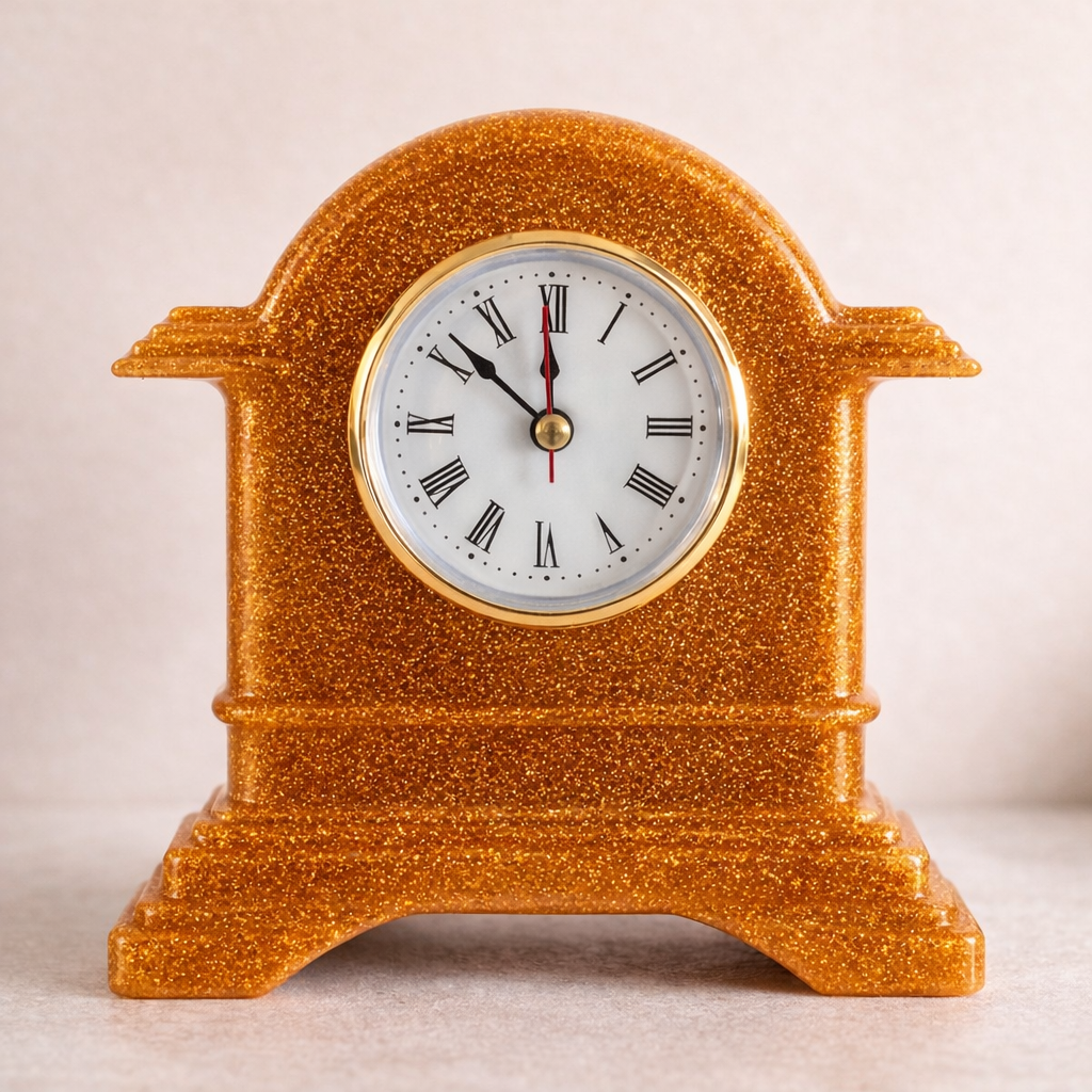 Decorative clock with a gold glittery casing on a light background