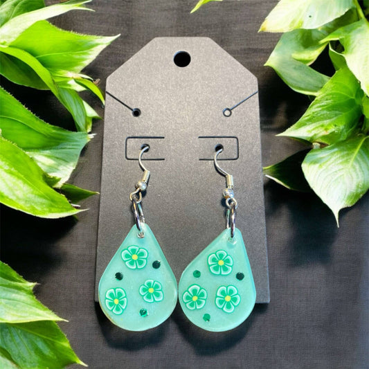Green Flowers with Green Rhinestones Earrings